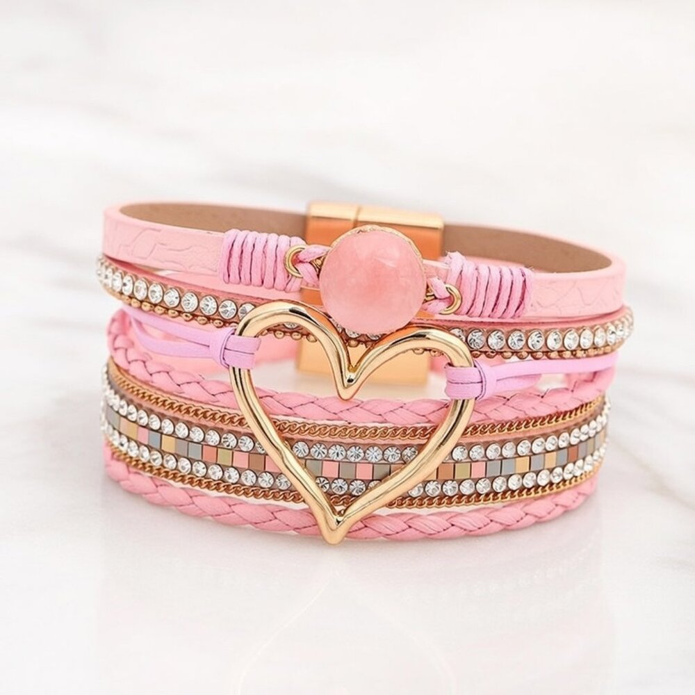 Pink Boho Layered Heart Charm Bracelet Rhinestone Gold Accent Wrap